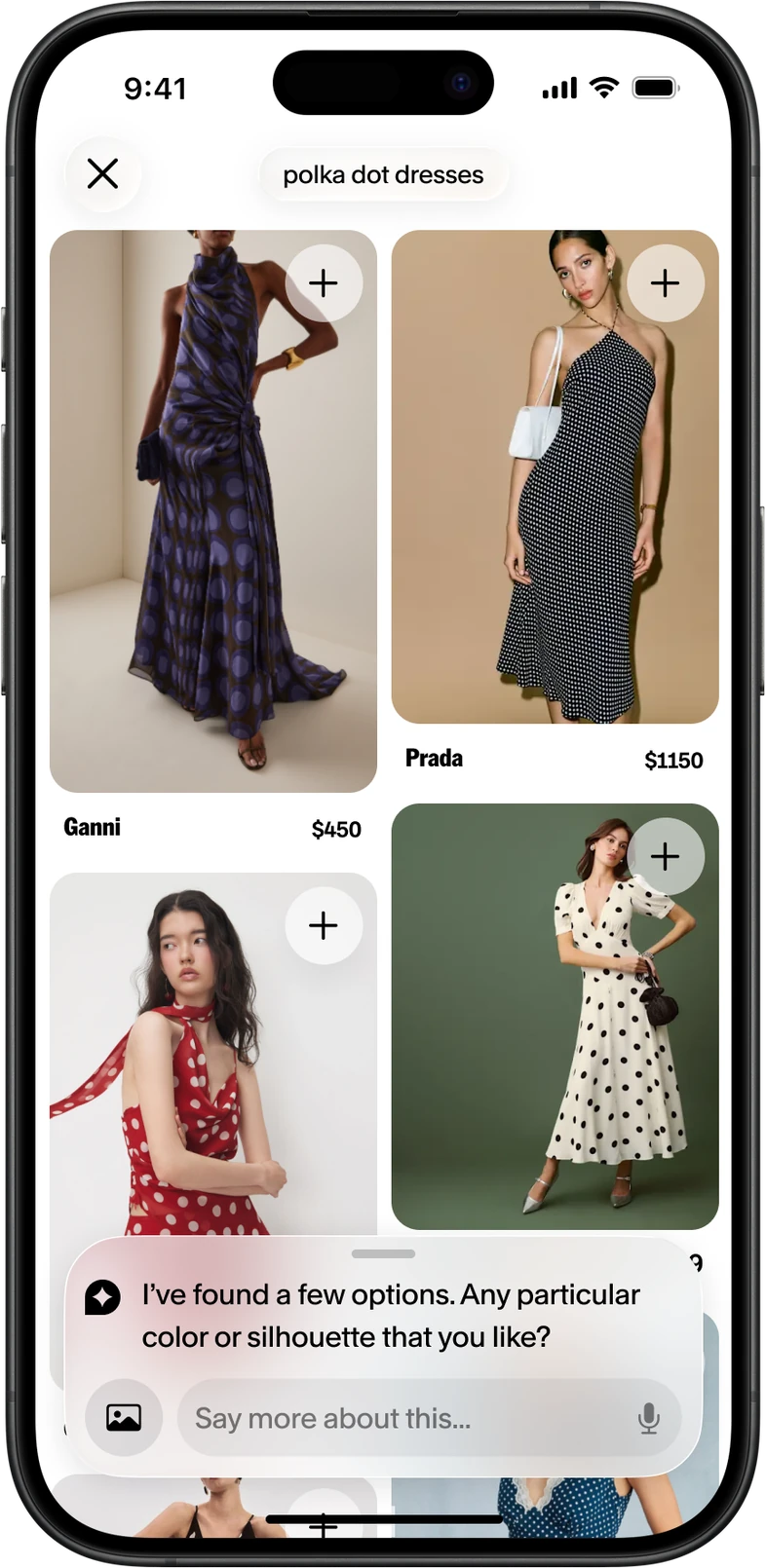 iOS: product grid with the chat sheet over it