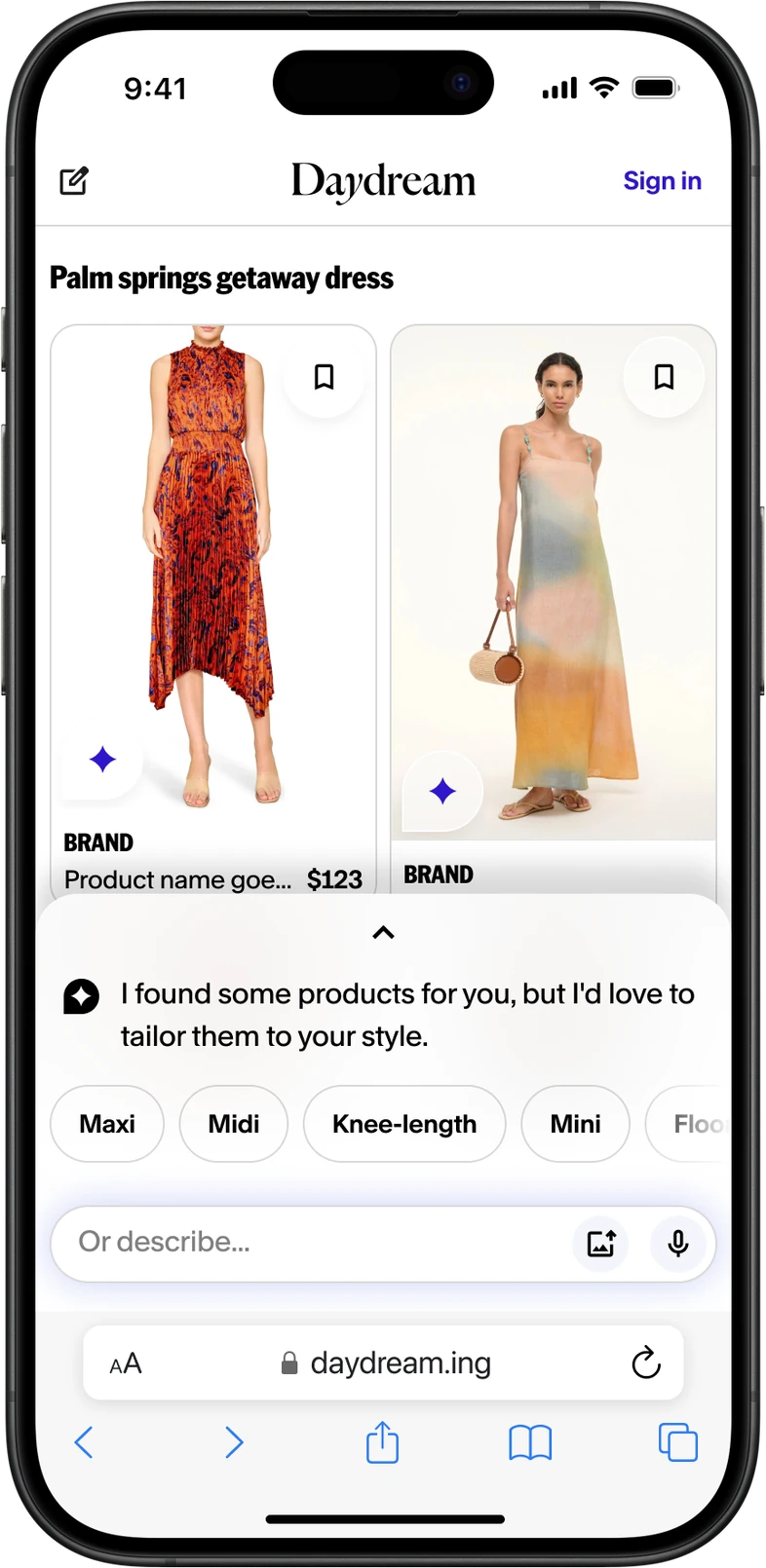 Mobile web: chat sheet with refinement chips over the product grid