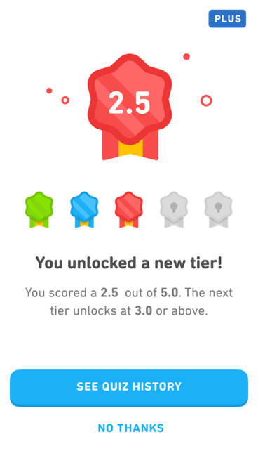 Progress Quiz result showing a score of 2.5 out of 5.0, unlocked tiers, and the next tier at 3.0