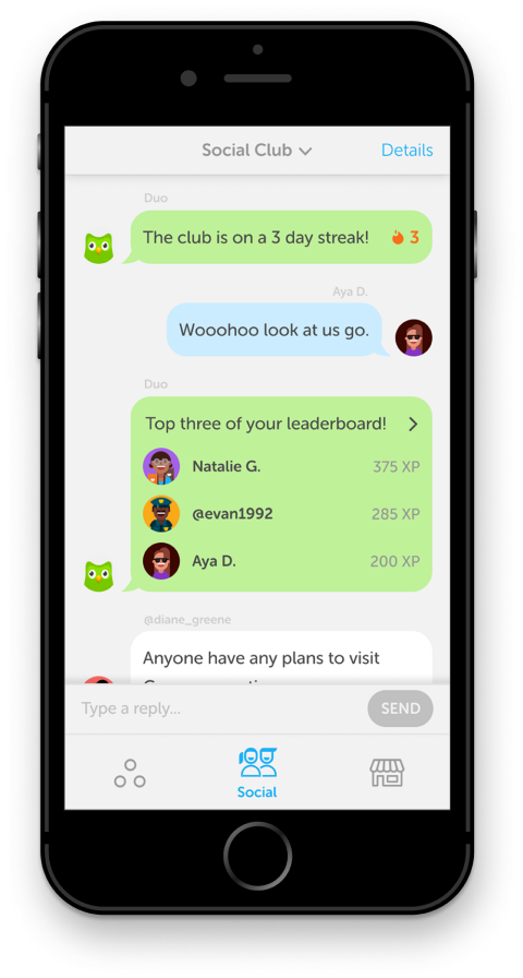 Early Clubs prototype: a group chat with messages from Duo and club members