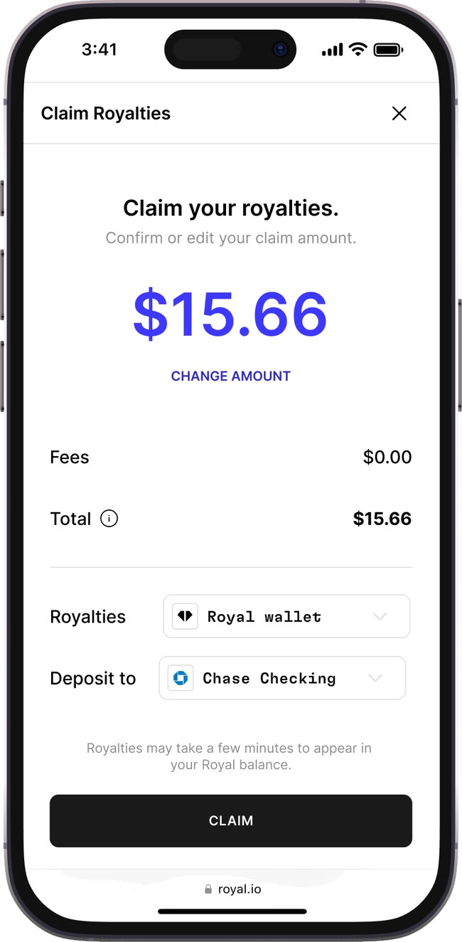 Claiming $15.66 in royalties from the Royal wallet to a bank account