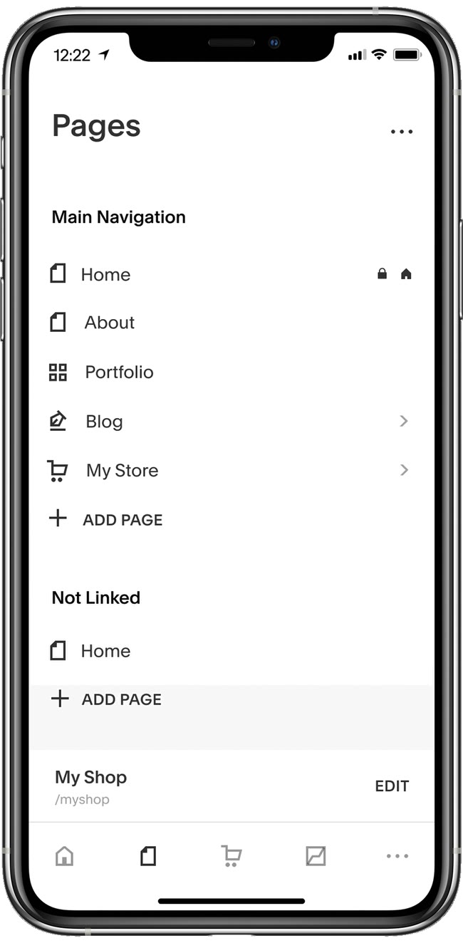 Pages tab with the site navigation